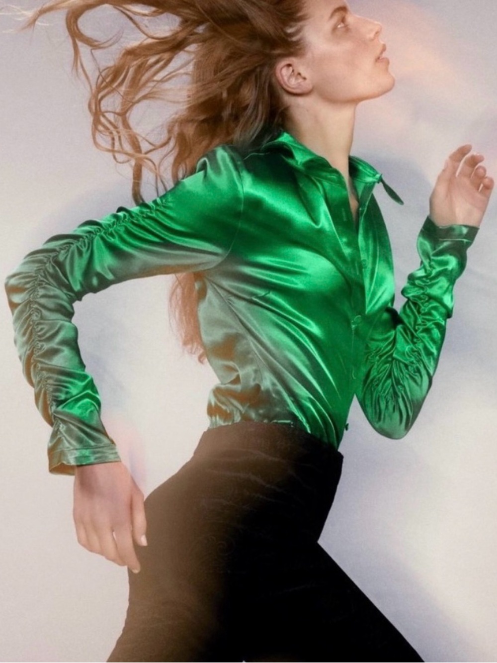ZARA Satin Shirt with Ruched Sleeves